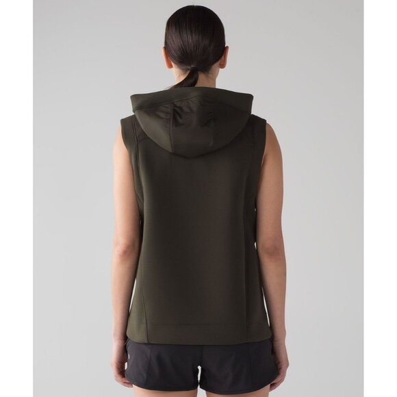 LULULEMON Re-Form Dark Olive Green Stretch Glyde Waterproof Hooded Vest, Size 8 - Picture 2 of 16